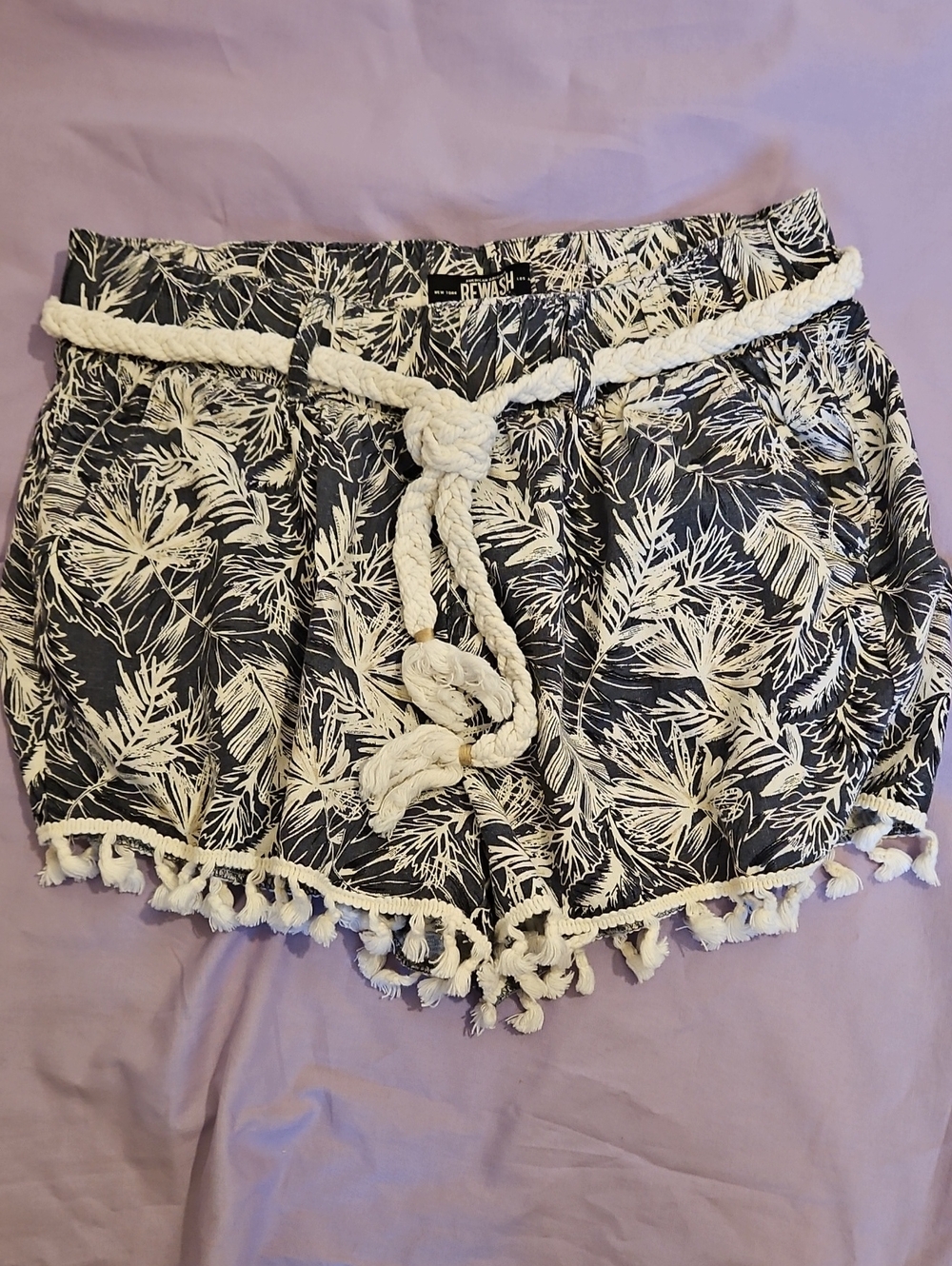 Rewash Blue & White Tropical Tassel Shorts with Rope Belt, Side And Back Pockets